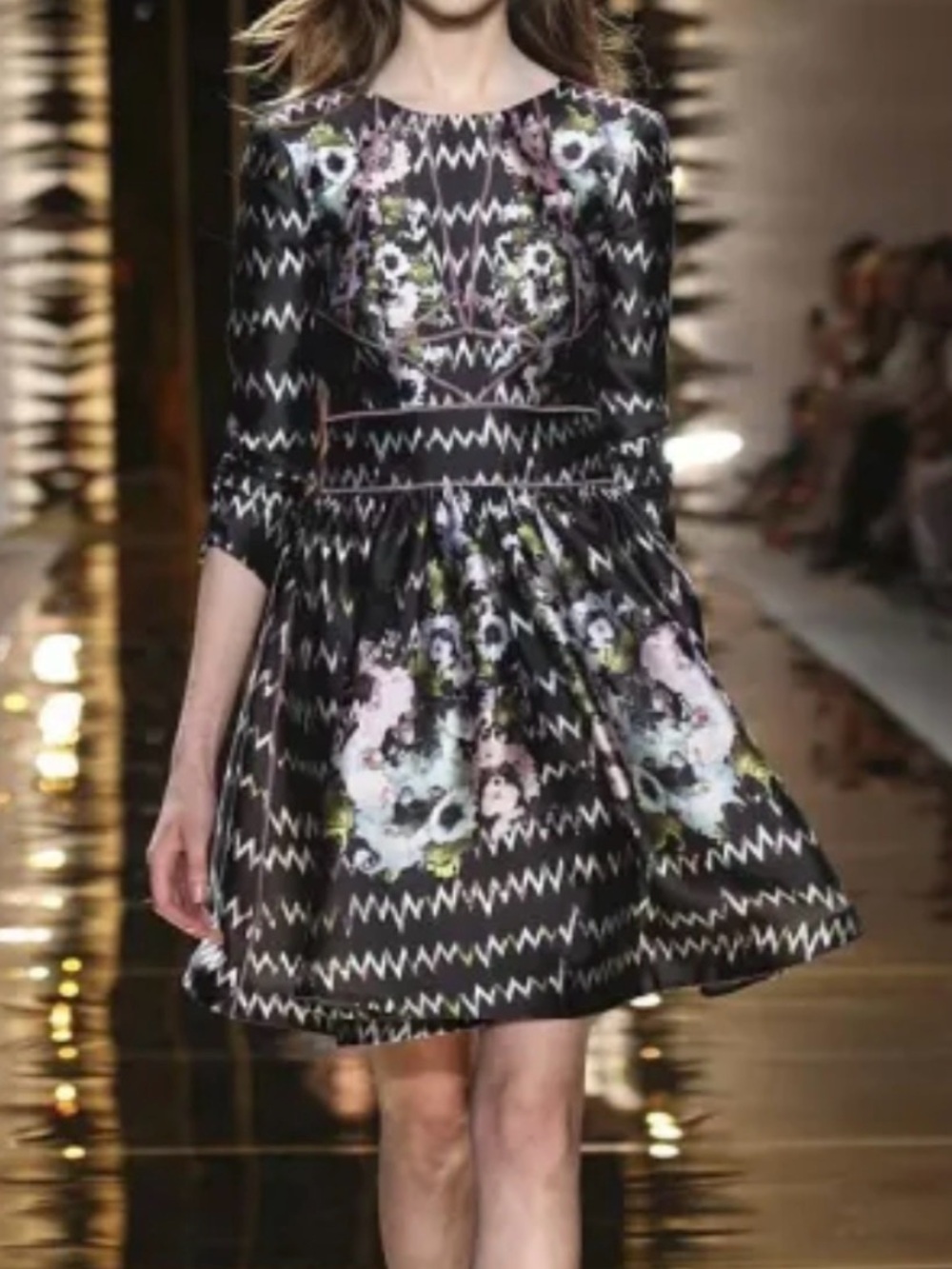 Cynthia Rowley Black Zigzag Floral Fit-and-Flare Long Sleeve Dress